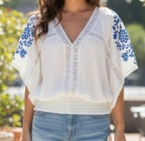 Womens Self Esteem Kenzie Top | WHITE w BLUE EMBROIDERY | LARGE Dolman Oversized